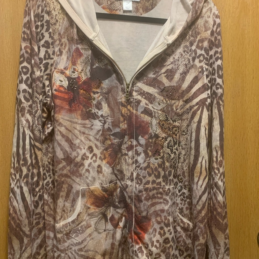 Christopher & Banks Animal & Floral Zip Hoodie in Brown and Cream